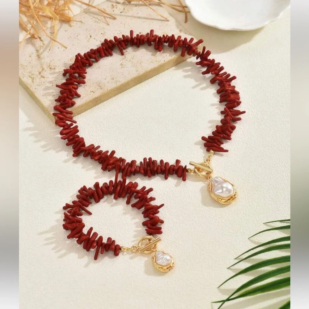 New Red Coral and Gold Faux Pearl Necklace and Bracelet Set - Picture 4 of 15